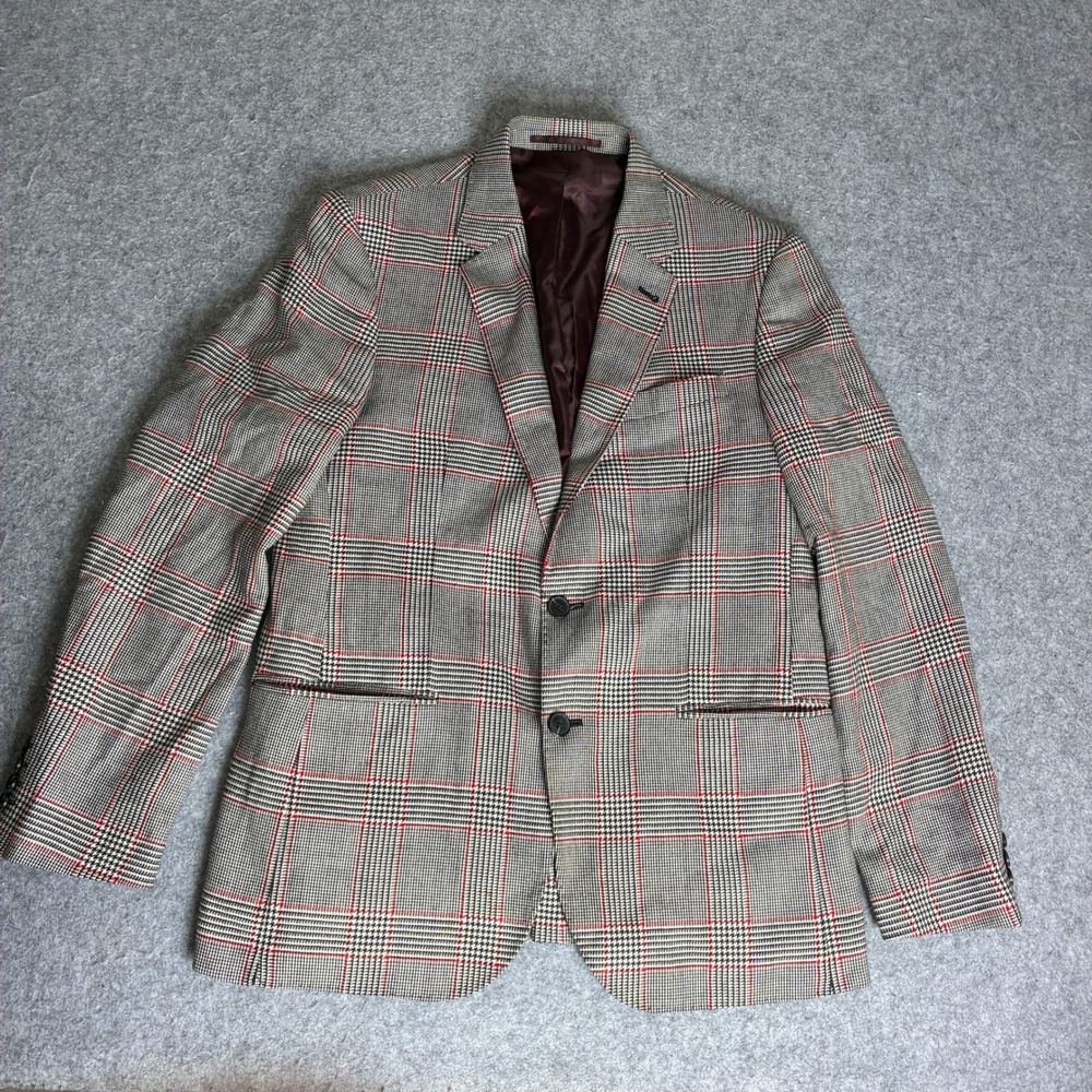 Karl Lagerfeld Paris Mens Glen Plaid Blazer Gray Red Check Sport Coat 40R 42R